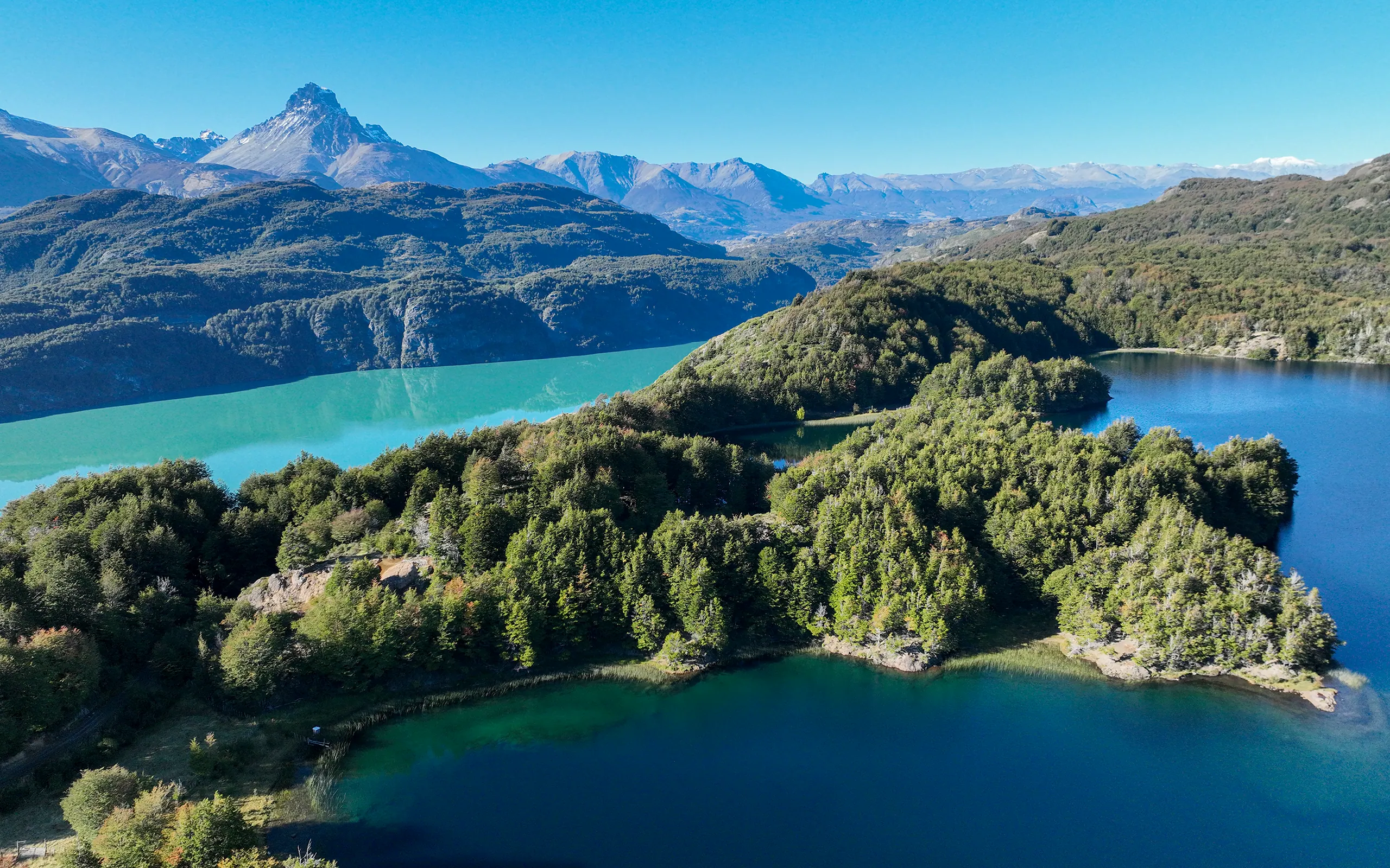 Vista aérea de una punta de bosque entre un brazo de agua turquesa y un lago azul, con un pico nevado recortado al fondo