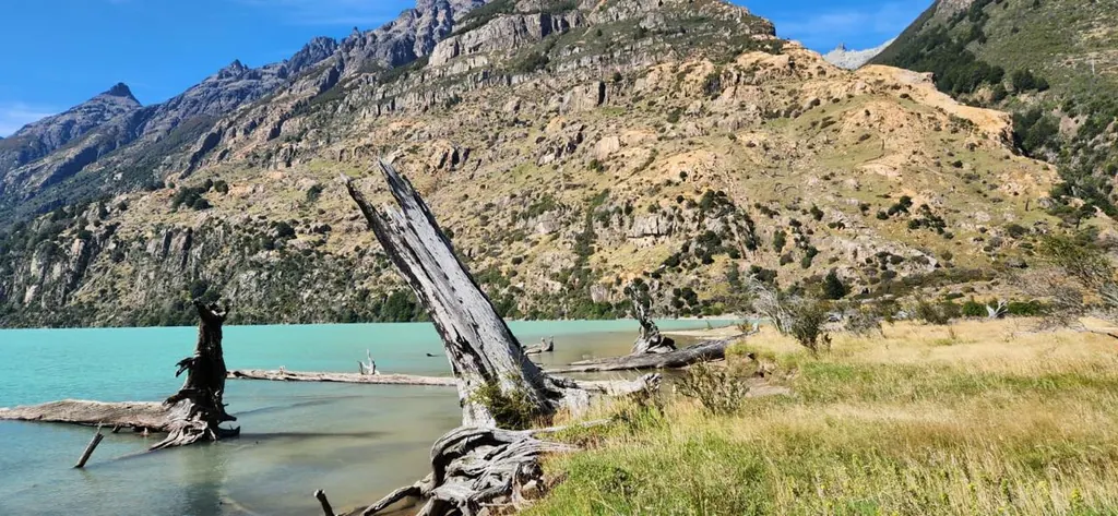 Aguas turquesa del Lago Azul con troncos secos en la orilla y cerros de fondo